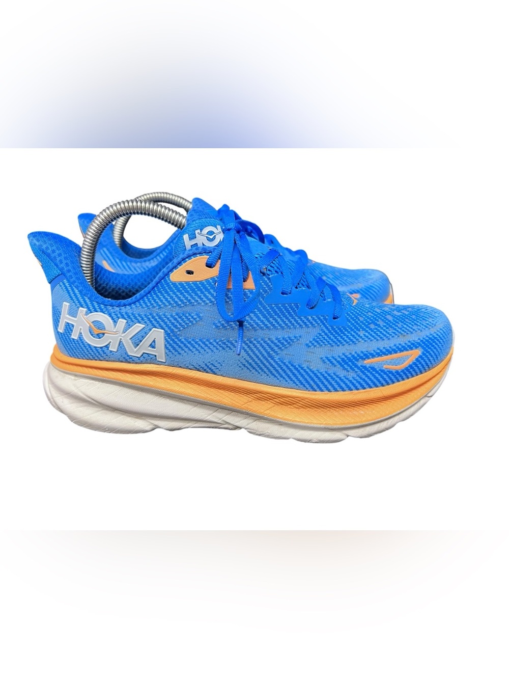 Hoka Clifton 9 Men size 8.5 D Athletic Shoes - Vivid Blue with Orange Accents - Picture 1 of 9